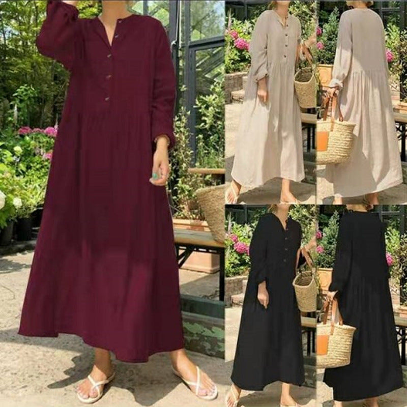 Cotton & Linen Long Sleeve Dress – OL Commuting Large Swing Stand-HighTouch