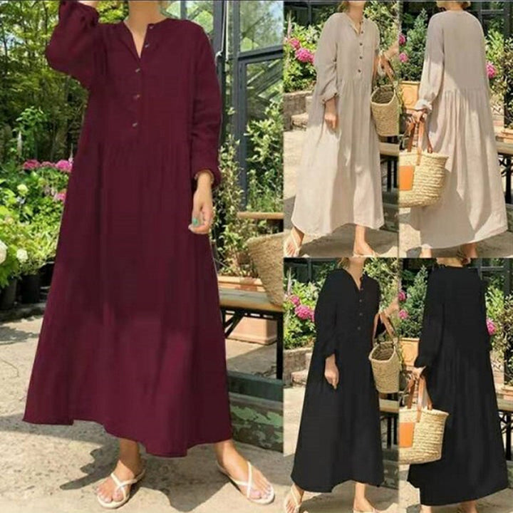 Cotton & Linen Long Sleeve Dress – OL Commuting Large Swing Stand-HighTouch