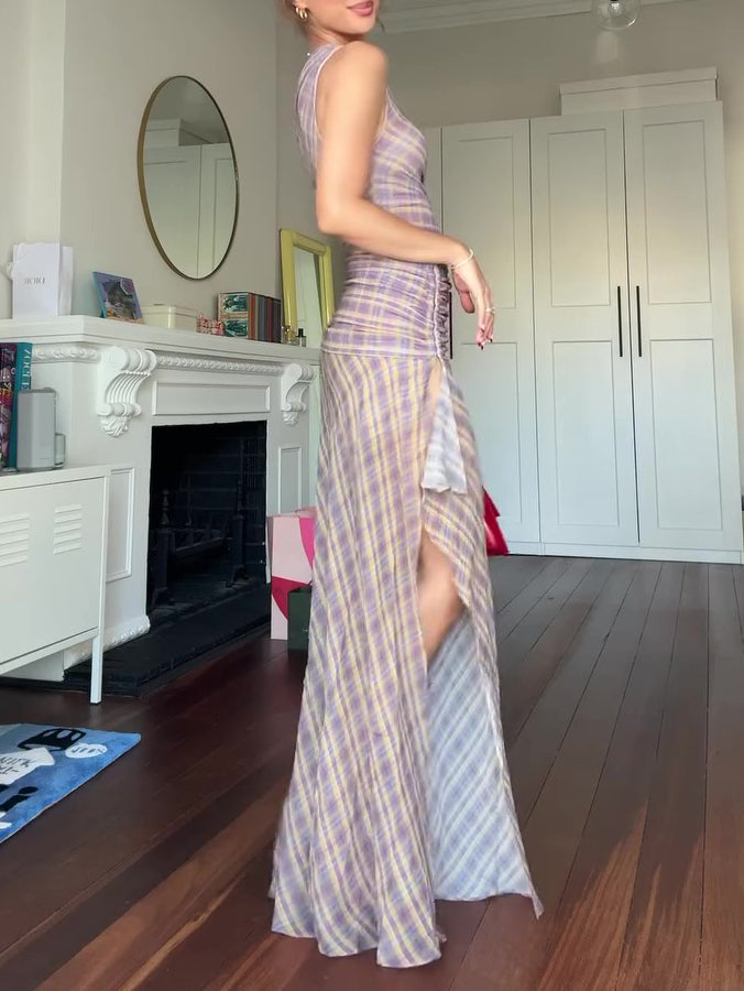 Women's Elegant Plaid Maxi Dress – Regular Fit Polyester Long Dress for Daily-HighTouch