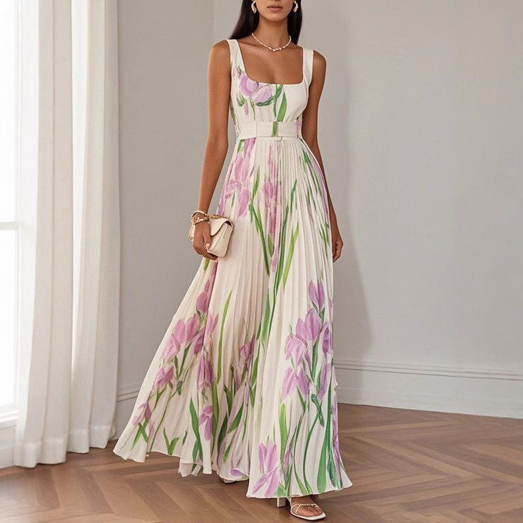 European And American Pleated Printing Dress-HighTouch