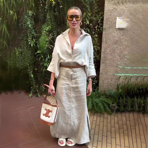 Casual Polo Collar Loose Top Maxi Skirt Suit-HighTouch
