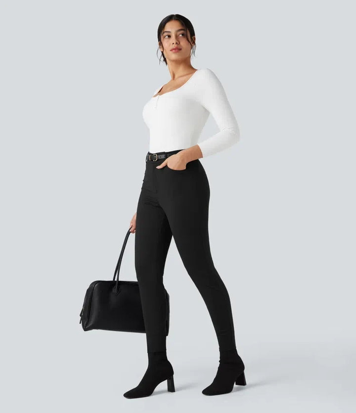 Skinny Work Pants Women Herringbone High Waisted Trousers
