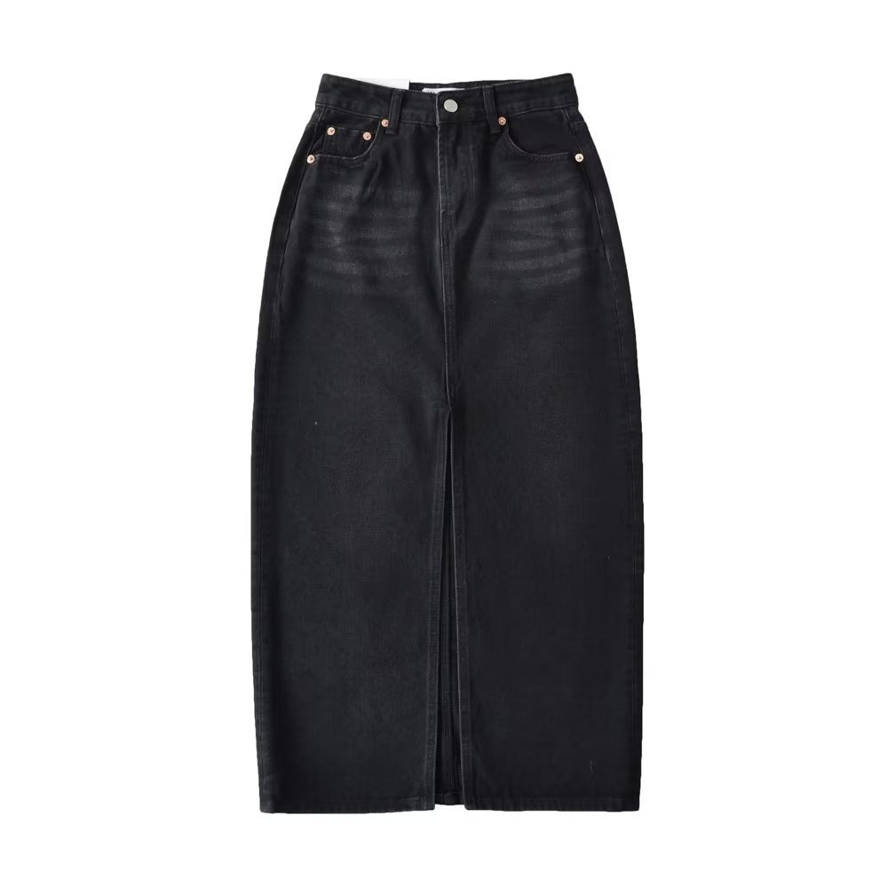 Women’s Front Slit Denim Maxi Skirt – Street Hipster Long Denim Skirt