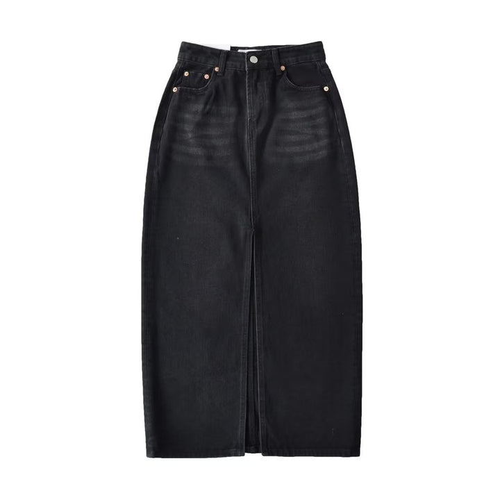 Women’s Front Slit Denim Maxi Skirt – Street Hipster Long Denim Skirt