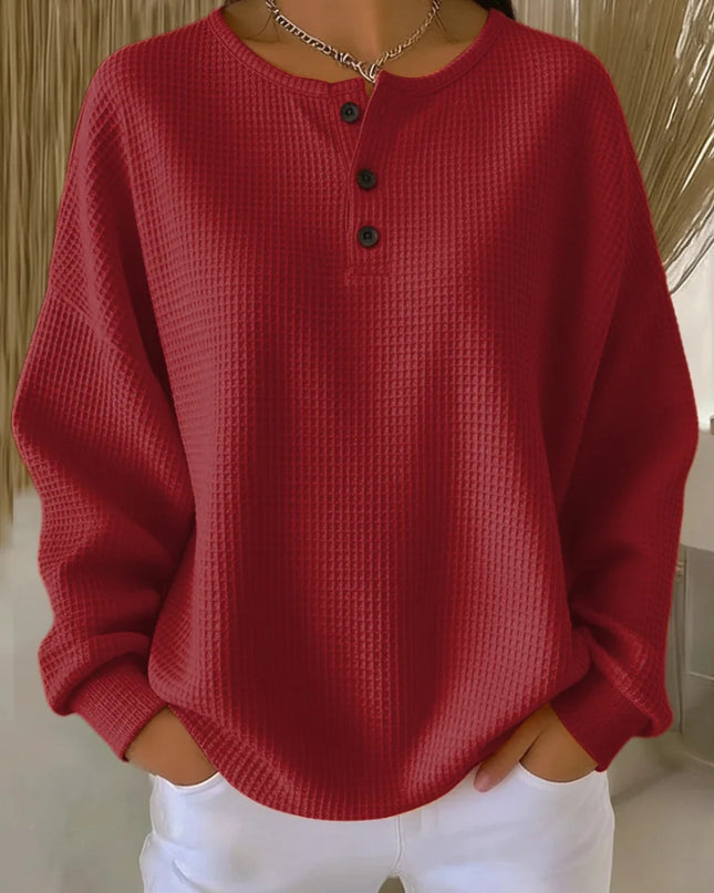 Waffle Knit Long Sleeve Button Top