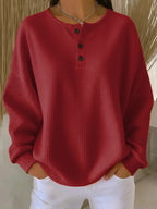 Waffle Knit Long Sleeve Button Top-HighTouch