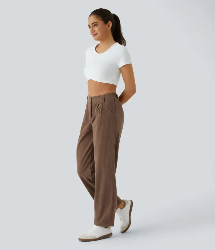 Mid Rise Zipper Pocket Corduroy Casual Pants