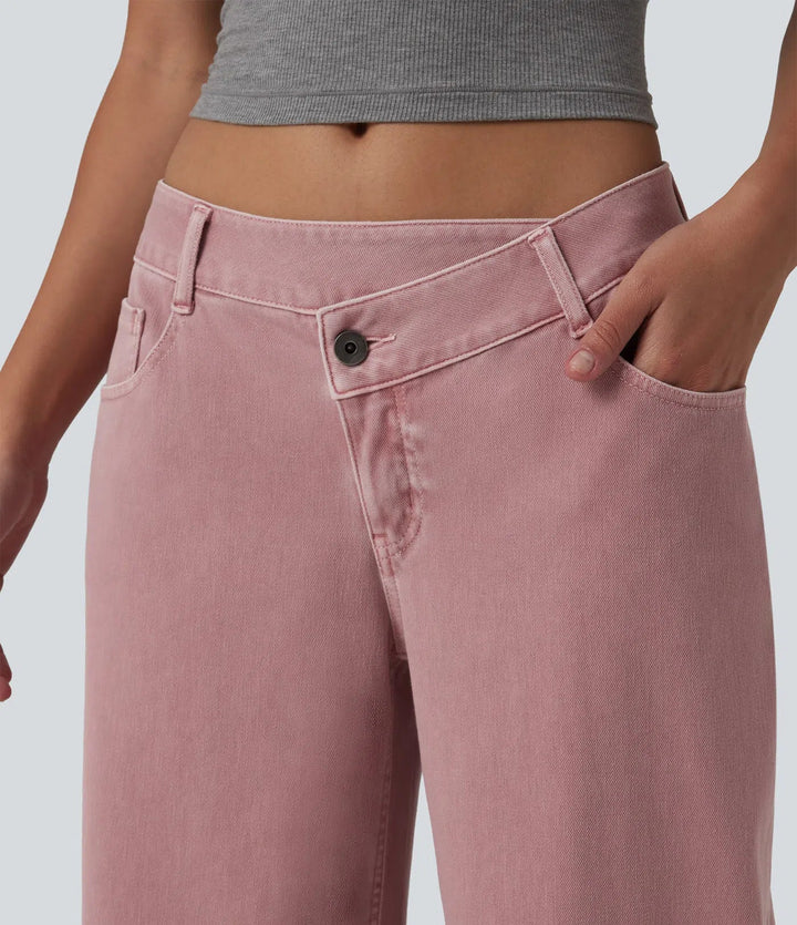 Wide Leg Jeans Women Low Rise Asymmetric Pink Denim