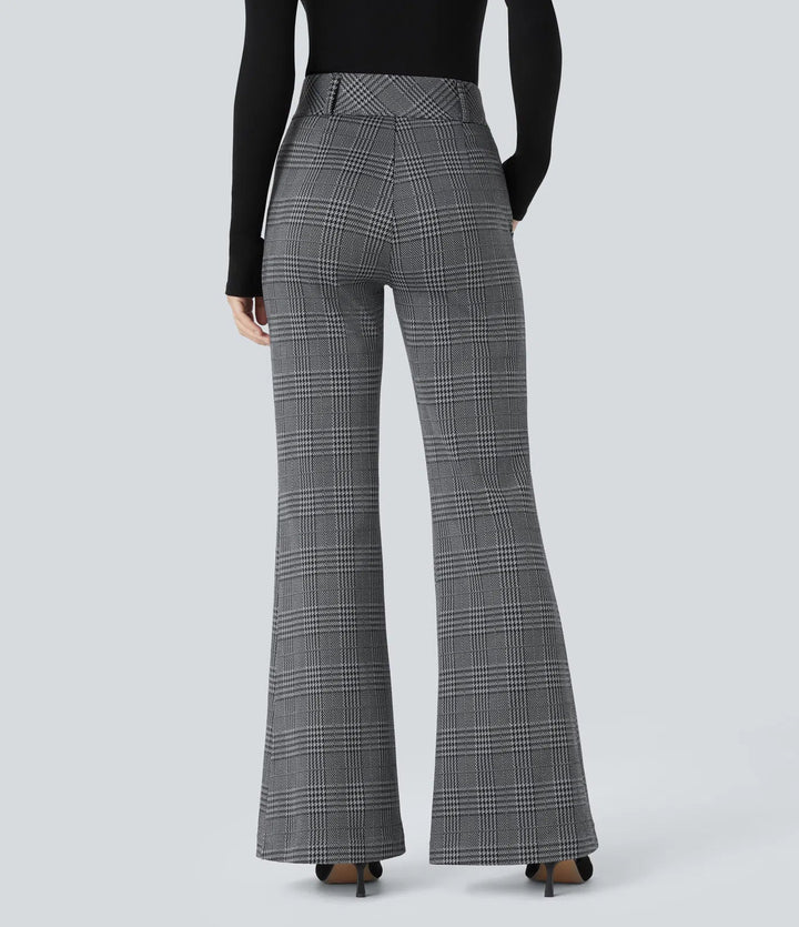 Houndstooth Plaid Flare Pants Women High Waisted Work Trousers