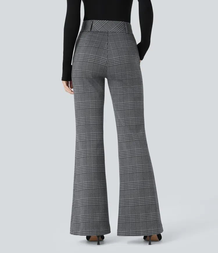 Houndstooth Plaid Flare Pants Women High Waisted Work Trousers