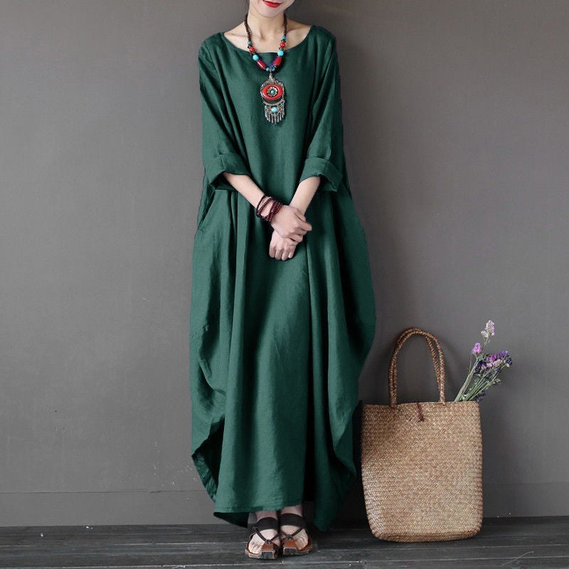 Oversized Cotton & Linen Maxi Dress | Relaxed Natural Fiber Dress-HighTouch