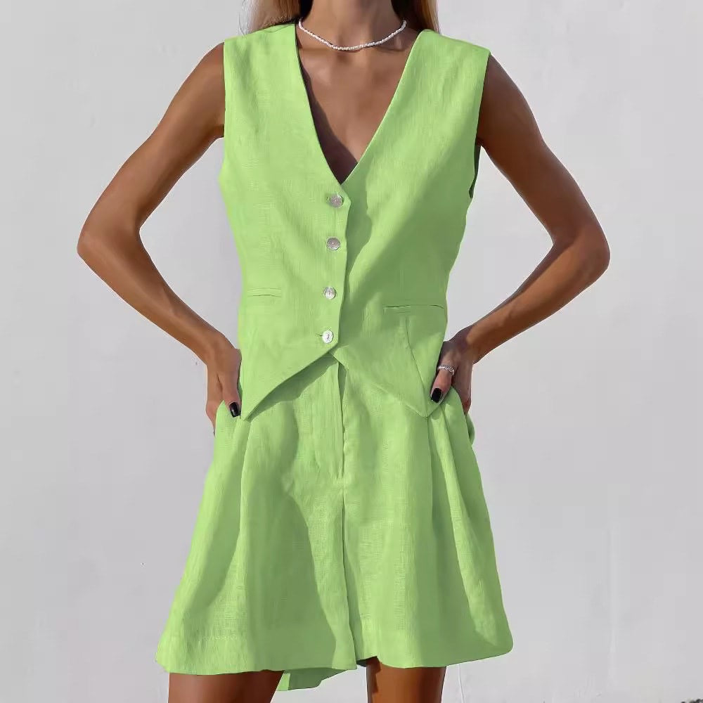 Olivia - Casual Linen Two Piece Button-Front Summer Set
