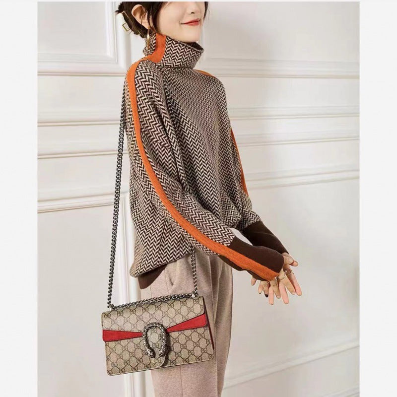 Women’s Contrast‑Sleeve Wool‑Like Turtleneck Sweater-HighTouch