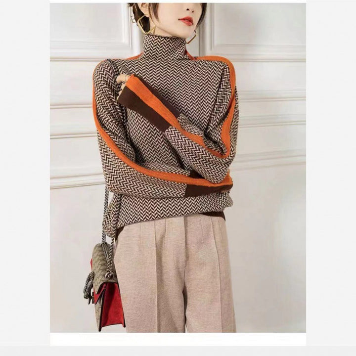 Women’s Contrast‑Sleeve Wool‑Like Turtleneck Sweater-HighTouch