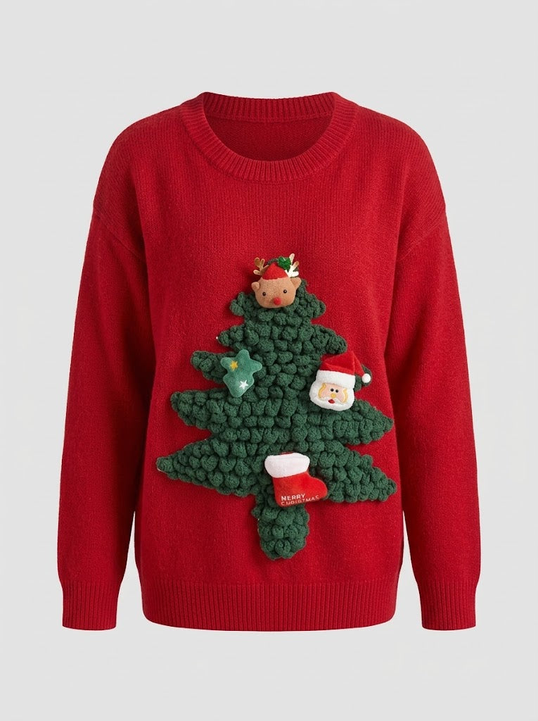 Women's 3D Christmas Tree Applique Knit Sweater