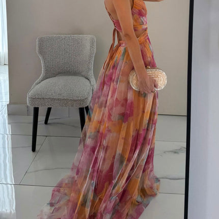 Elegant Painted Floral Print V-Neck A-Line Maxi Dress