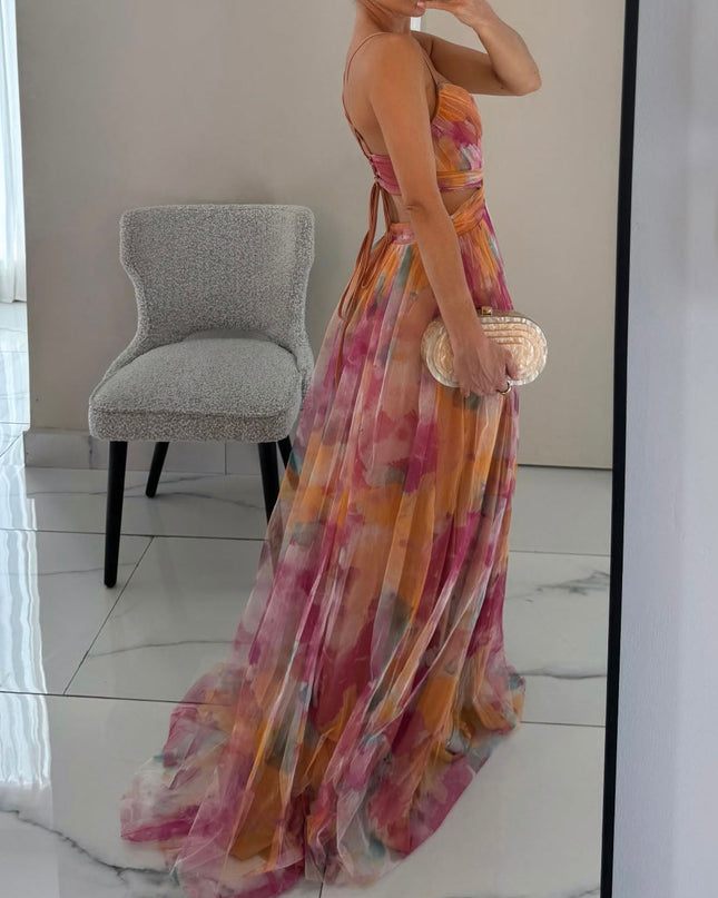 Elegant Painted Floral Print V-Neck A-Line Maxi Dress