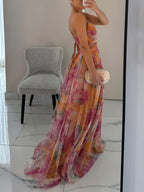 Elegant Painted Floral Print V-Neck A-Line Maxi Dress-HighTouch