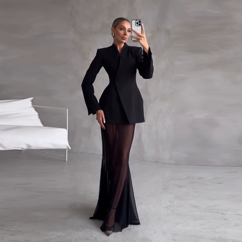 Cross-border Foreign Trade Design Sense Temperament Commute Pure Color Mesh Suit-HighTouch