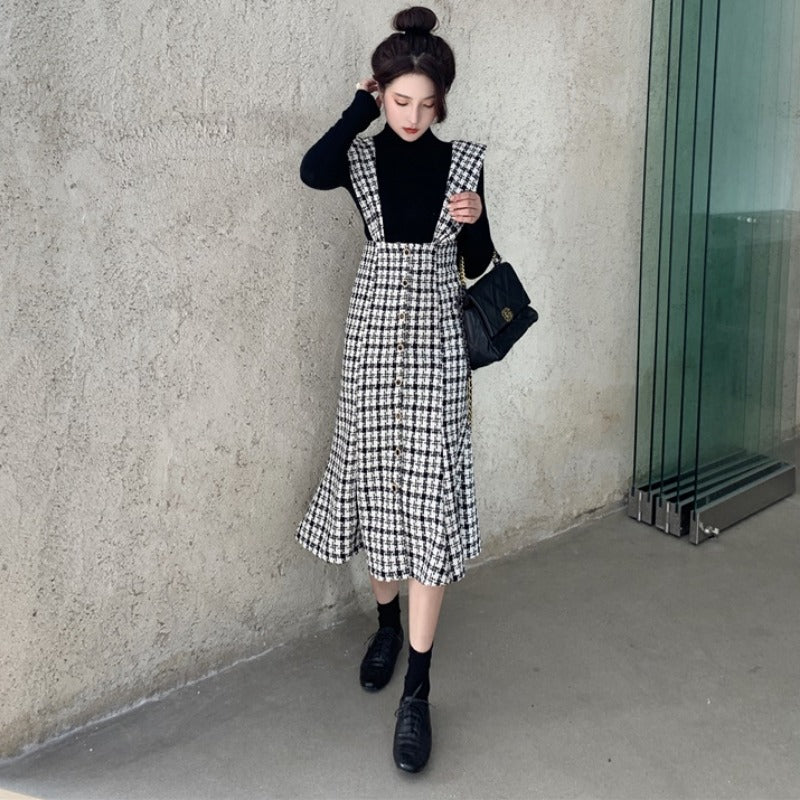 Women's French Retro Plaid Dress – Elegant Commuter Square Collar Style-HighTouch