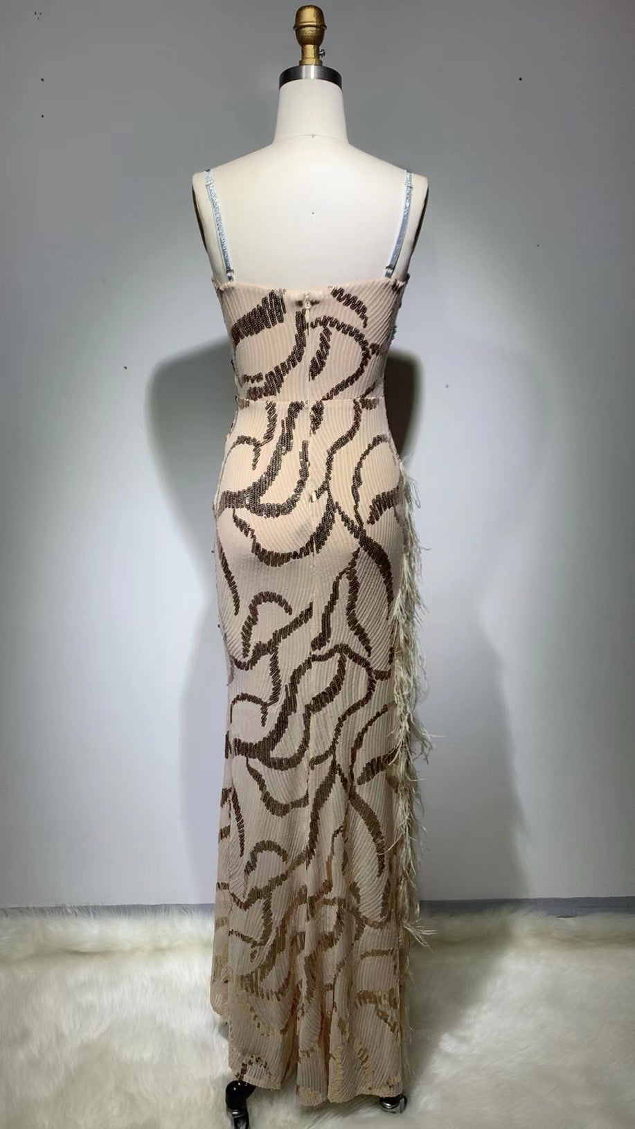 Fashion V-strap Backless Elegant Sequined Tight Split Feather Dress-HighTouch
