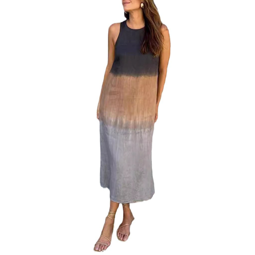 Loose Sleeveless Printed Color-block Crew Neck Long Dress-HighTouch