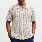 Mens Short-Sleeve Cardigan Crochet Hollow-Out Knitted Sweater-HighTouch