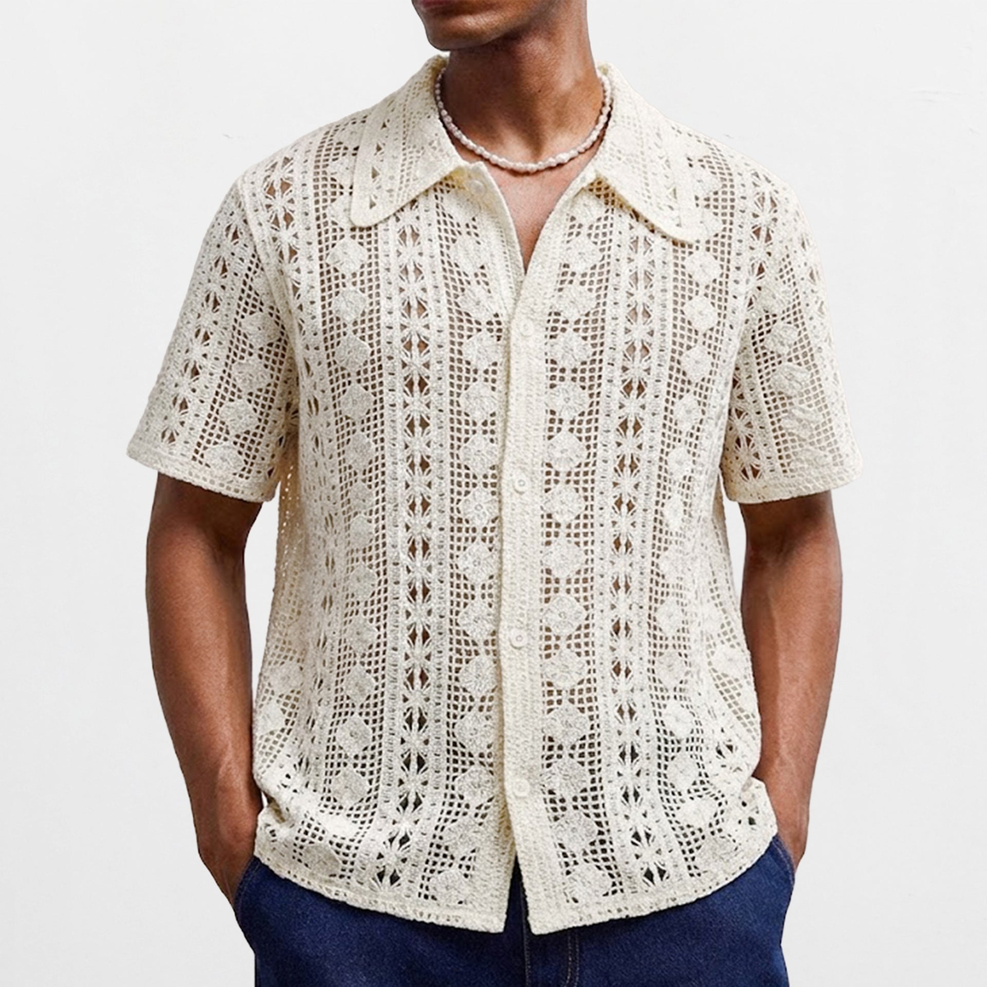 Mens Short-Sleeve Cardigan Crochet Hollow-Out Knitted Sweater-HighTouch