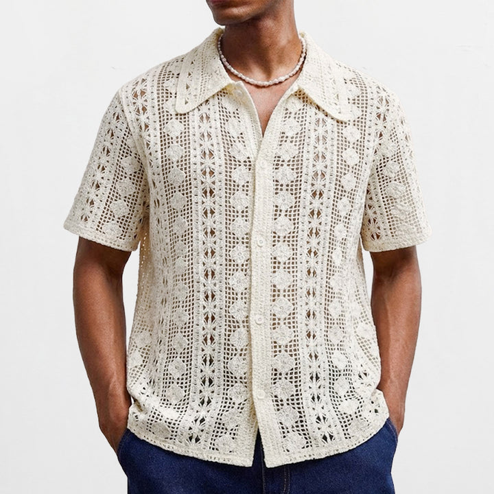 Mens Short-Sleeve Cardigan Crochet Hollow-Out Knitted Sweater-HighTouch