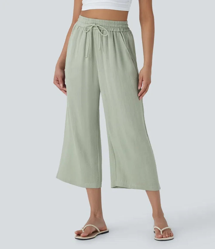 Wide Leg Pants Women High Waisted Drawstring Linen Feel
