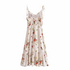 French Retro Printed V-neck Waist Trimming Spaghetti Straps Dress-HighTouch