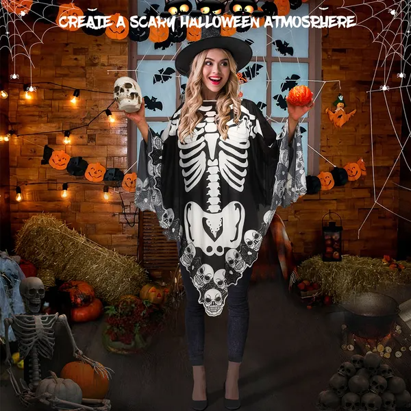 Halloween Skeleton Poncho – Skull & Bones Lace Cape