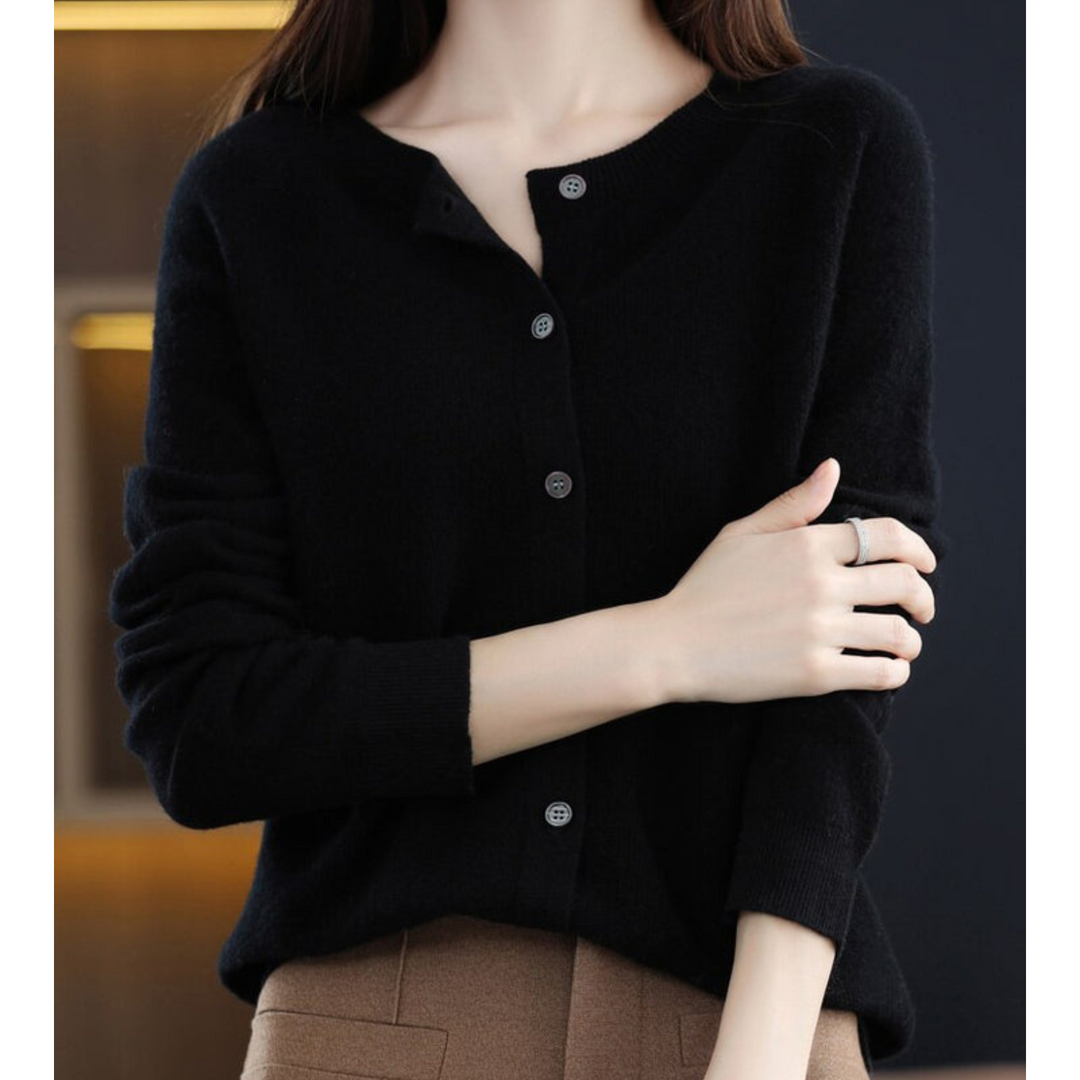 Wool -Blend O-Neck Cardigan Sweater-HighTouch