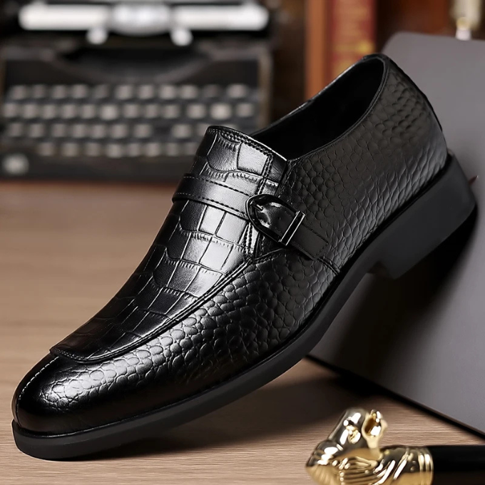 Men’s Leather Monk Strap Shoes – Croc Textured Style