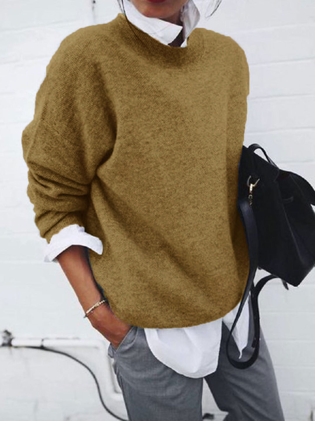 Women’s Solid Color Long Sleeve Knitted Pullover Sweater-HighTouch