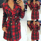Women’s Red Plaid Double-Breasted Dress – Elegant Long Sleeve Style-HighTouch