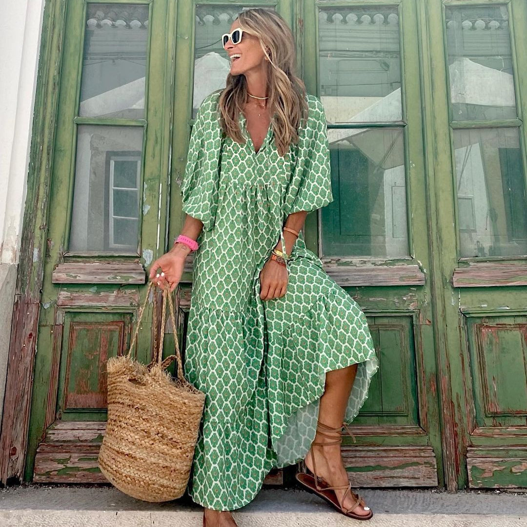 Women's Spring Dress | Patterned Maxi Long Sleeve-HighTouch