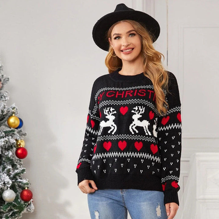 Women's Christmas Elk Heart Knit Sweater - Cute Festive Winter Sweater