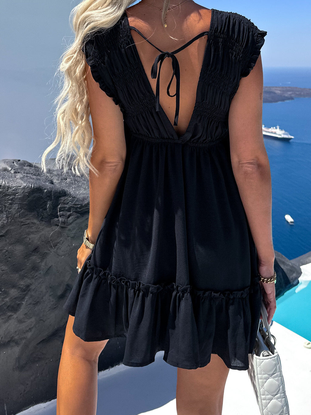 Solid Color Fashion Casual Waist Tight Lace-up Pleated Ruffle Sleeve Dress-HighTouch