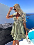 Solid Color Fashion Casual Waist Tight Lace-up Pleated Ruffle Sleeve Dress-HighTouch
