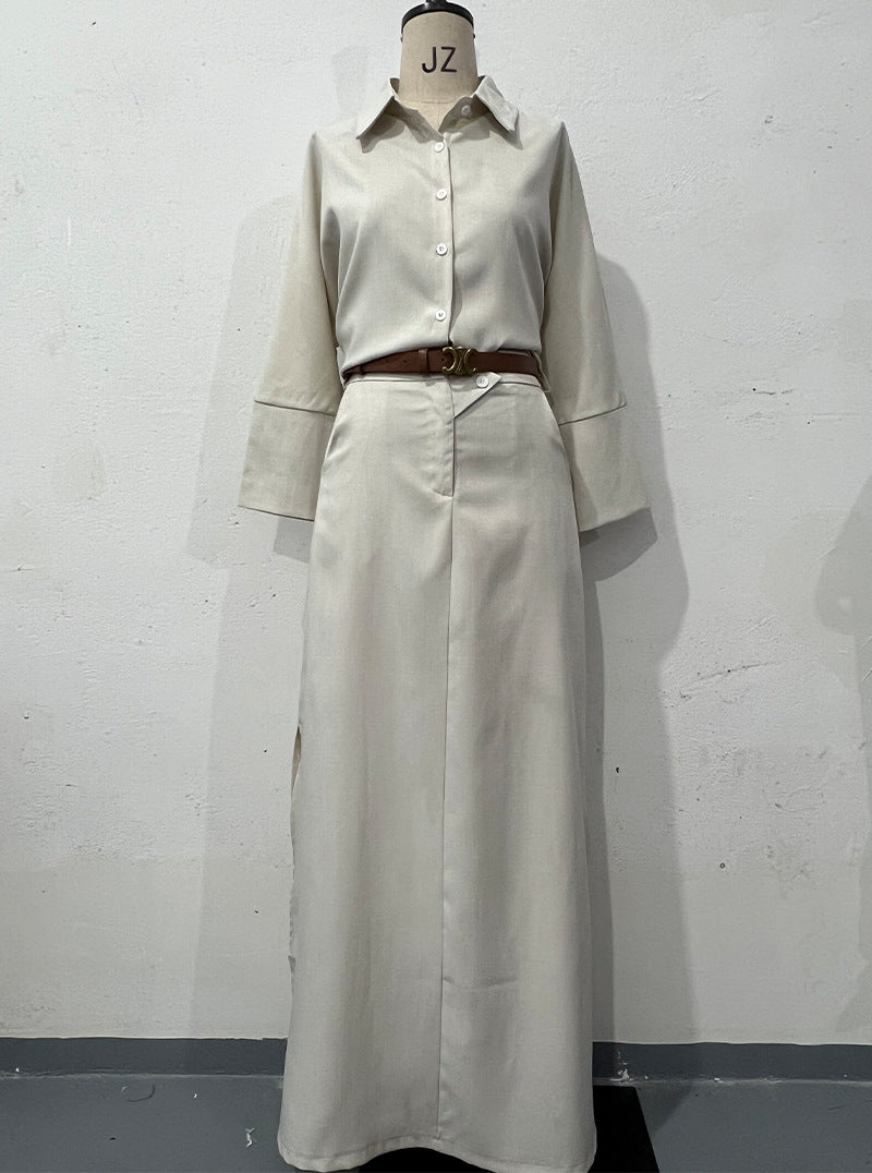 Casual Polo Collar Loose Top Maxi Skirt Suit-HighTouch