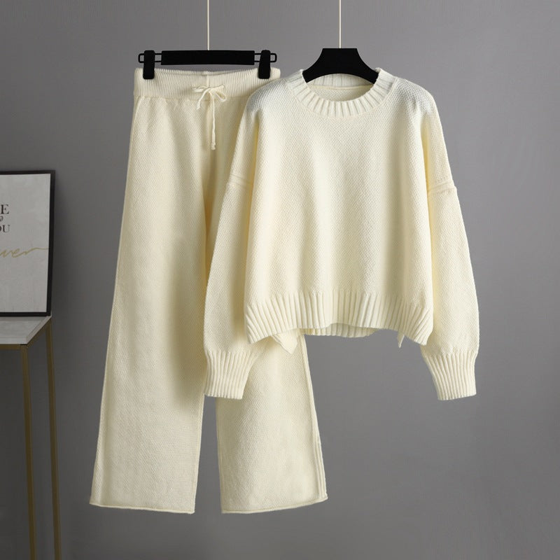 Women’s Knitted Wide-Leg Pants Set – Casual Two-Piece Knit Outfit-HighTouch