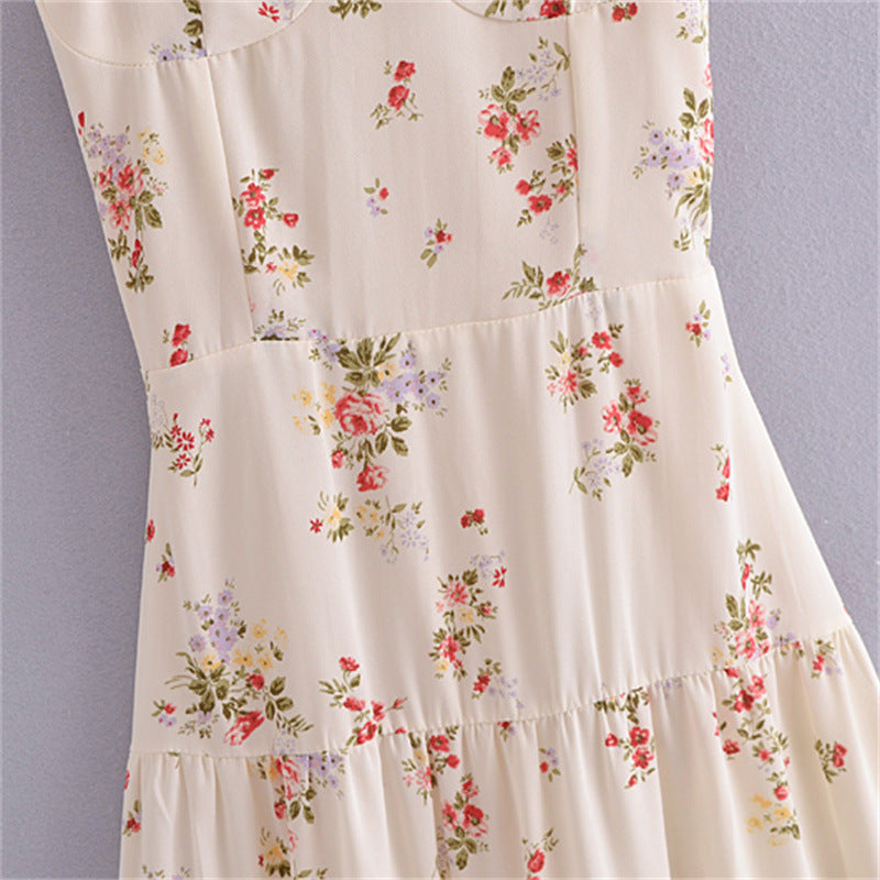 Women's French Style Vintage Small Floral Printed High Waist Slim Fit Slimming Suspenders Dress-HighTouch