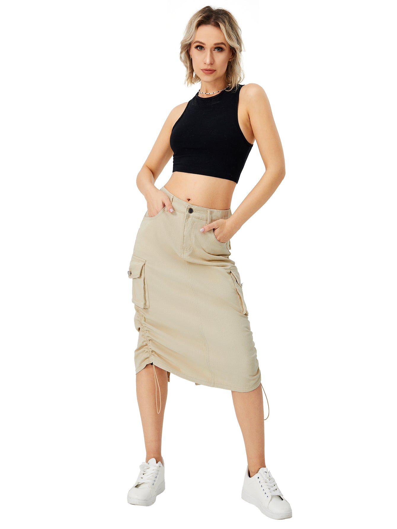 Women's Denim Cargo Midi Skirt – High Waisted Y2K Style with Pockets-HighTouch