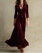 Solid Color Buttons Lapel 34 Sleeve Maxi Dress Waist Expansion Skirt-HighTouch
