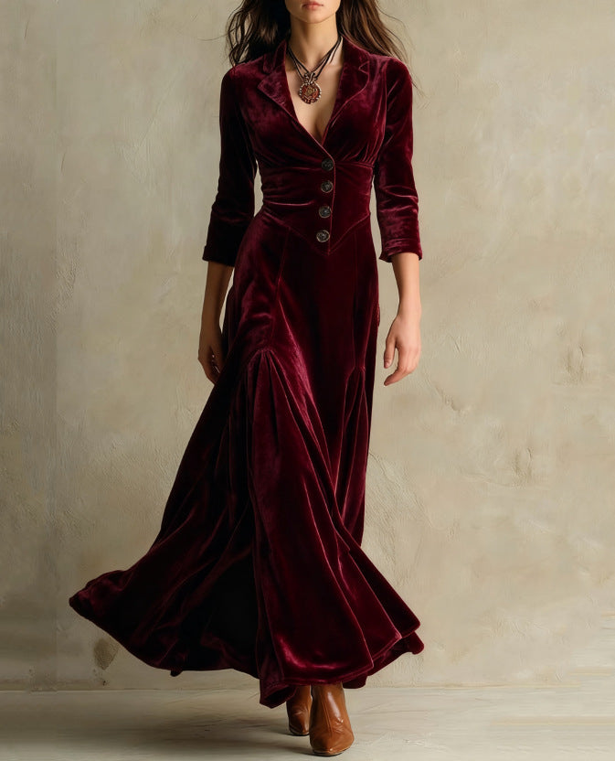 Solid Color Buttons Lapel 34 Sleeve Maxi Dress Waist Expansion Skirt-HighTouch