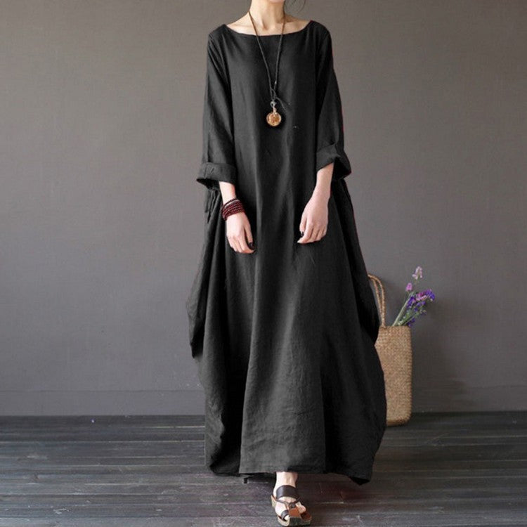Oversized Cotton & Linen Maxi Dress | Relaxed Natural Fiber Dress-HighTouch