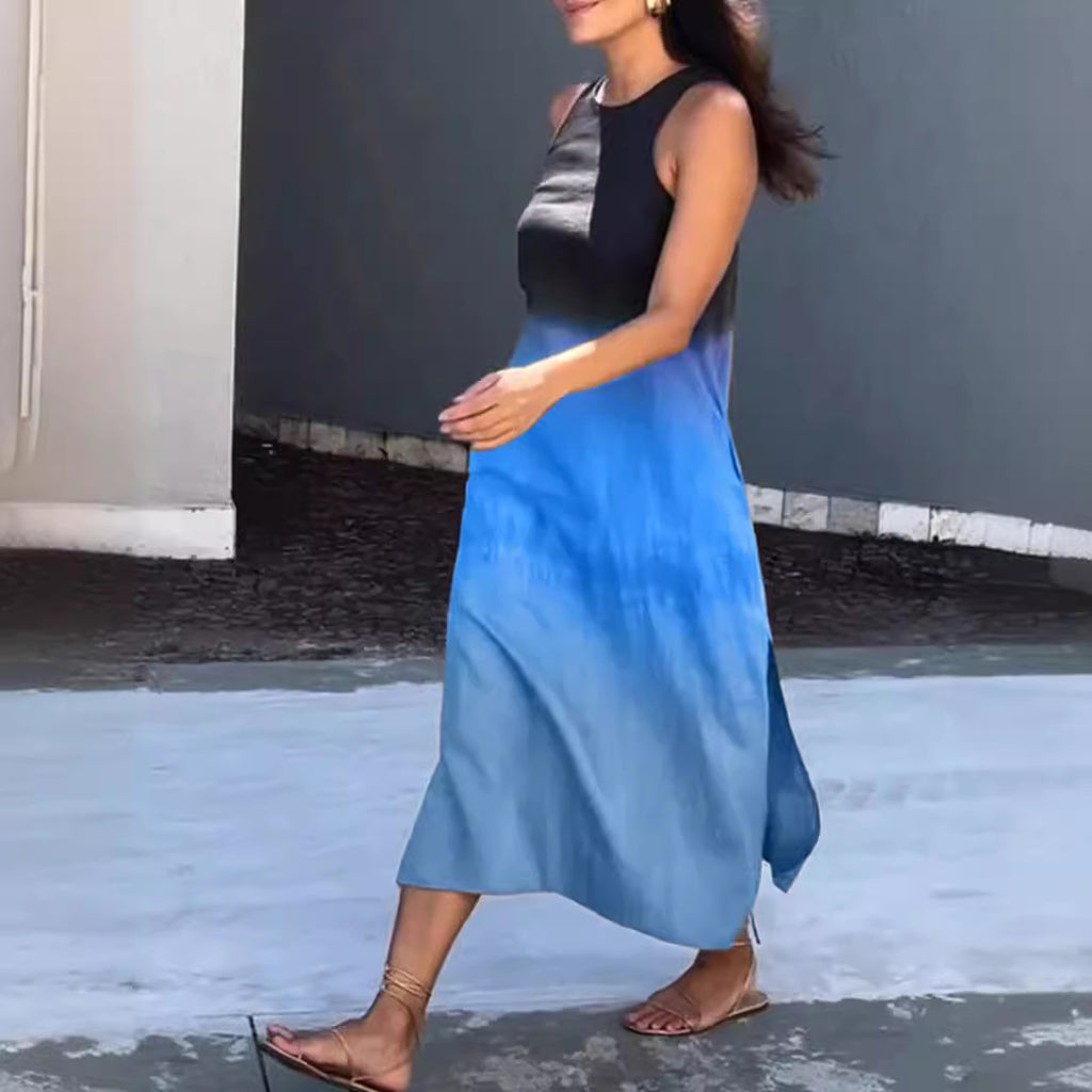 Loose Sleeveless Printed Color-block Crew Neck Long Dress-HighTouch