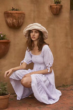 Purple Plaid Elastic Long Dress-HighTouch