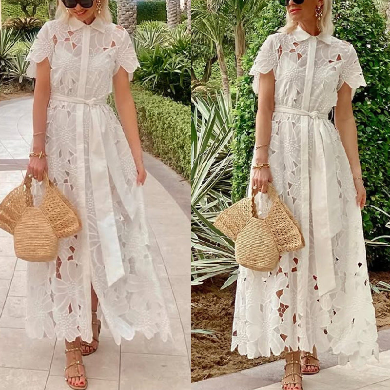 Casual Lace Cardigan Single-breasted Dress-HighTouch